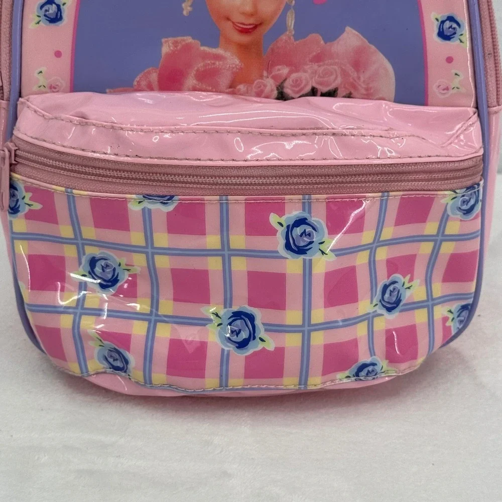 Vintage Barbie Mini Backpack 1996 Pink Plaid Rose Floral Glossy PVC Rare 90s Bag